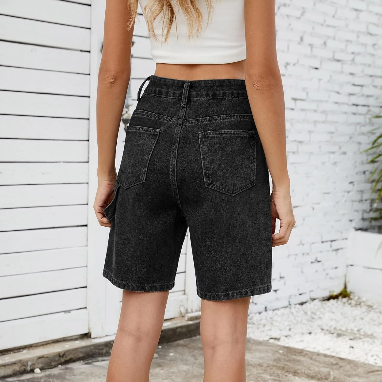 HGps8w Women's Streetwear Denim Jean Shorts - Stretchy High Waisted Casual Summer Bermuda Shorts with Pockets