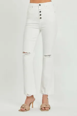 High Rise Button Fly Straight Ankle Jeans