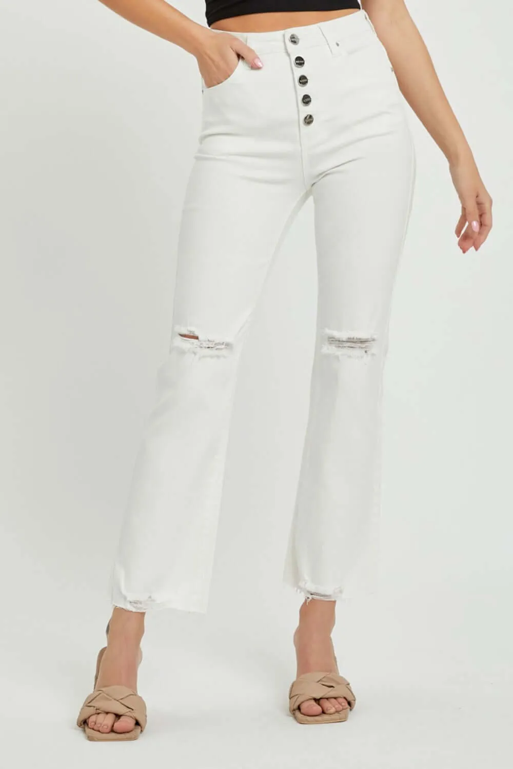 High Rise Button Fly Straight Ankle Jeans