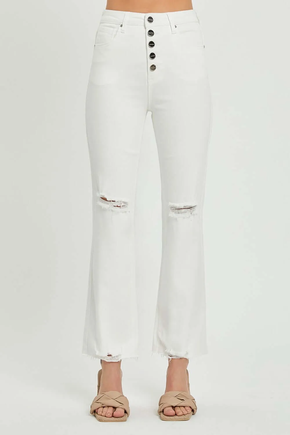 High Rise Button Fly Straight Ankle Jeans