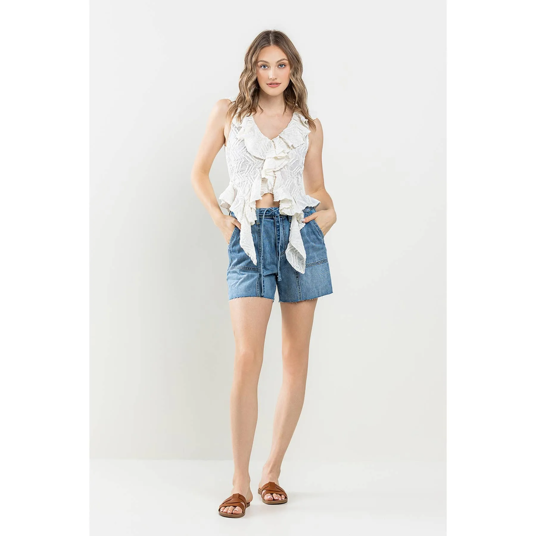 High Rise Tie Waist Shorts Raw Hem