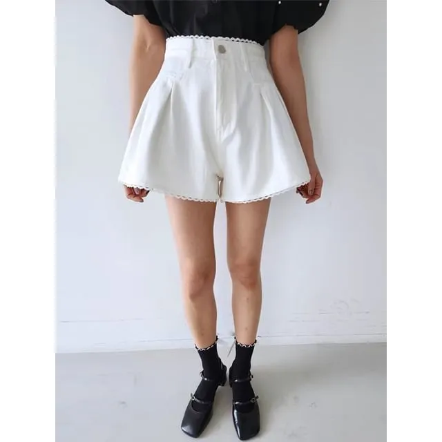 High Waist Lace Trim Washed Denim Shorts