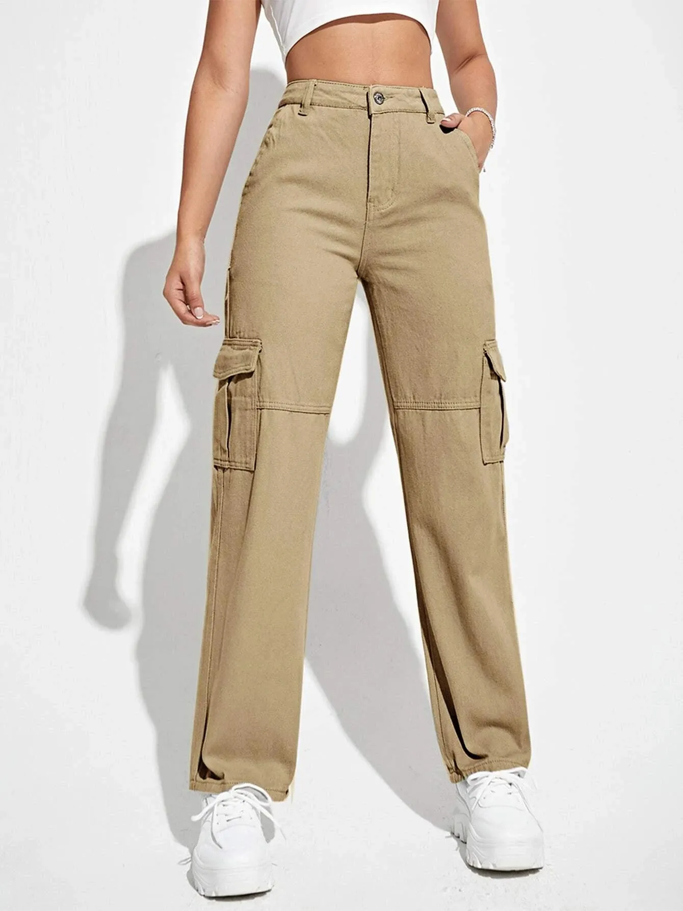 High Waist Long Cargo Jeans
