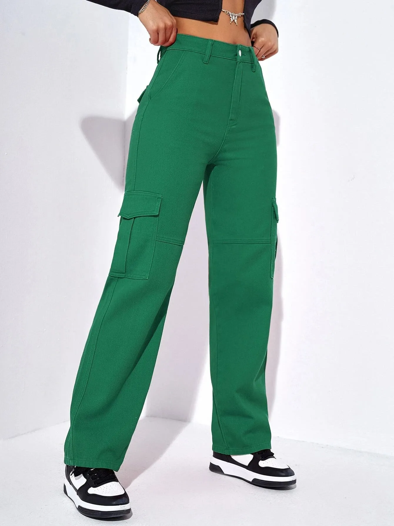 High Waist Long Cargo Jeans