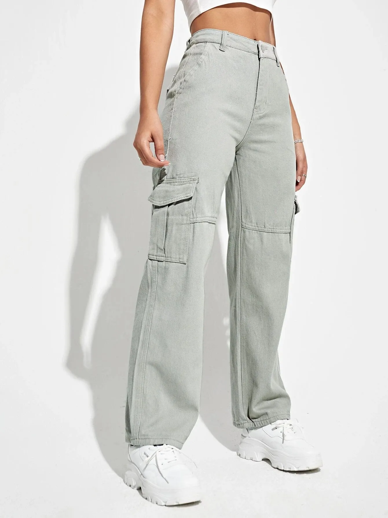 High Waist Long Cargo Jeans