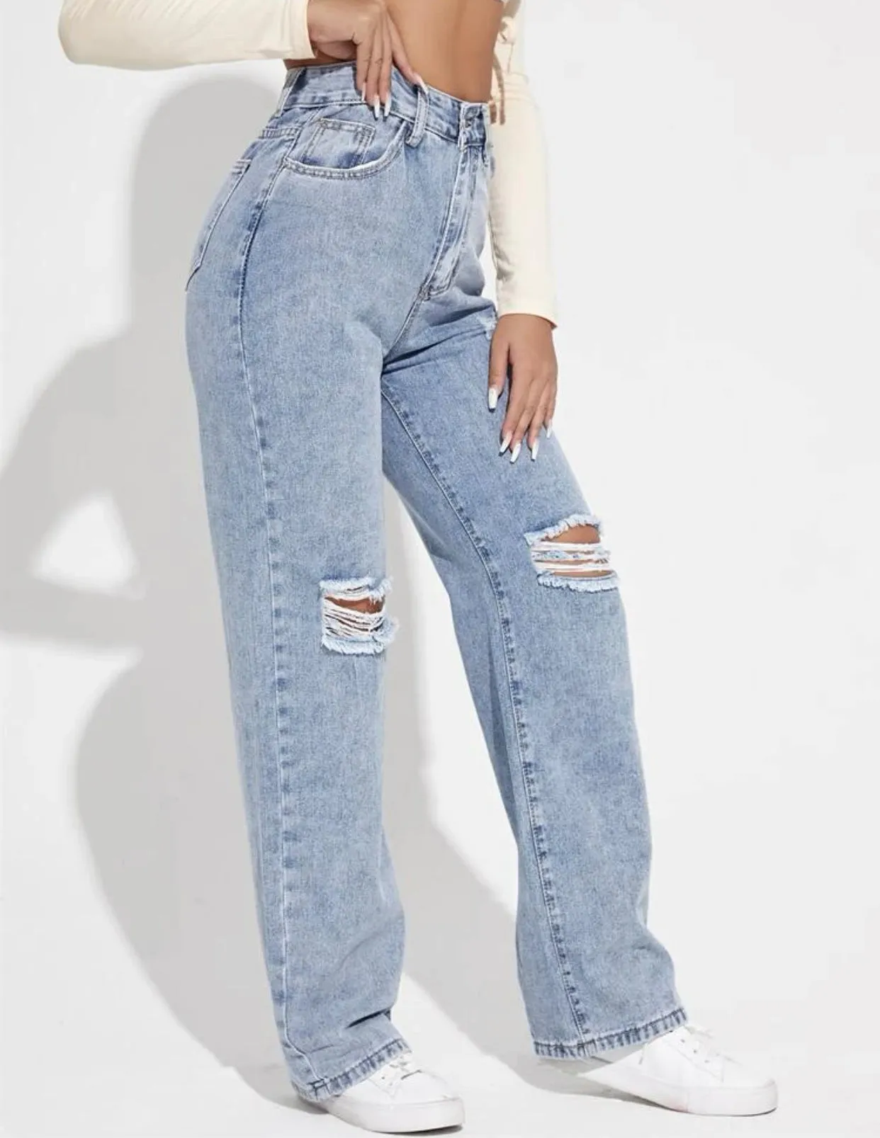 High waist ripped frayed straight leg jeans
