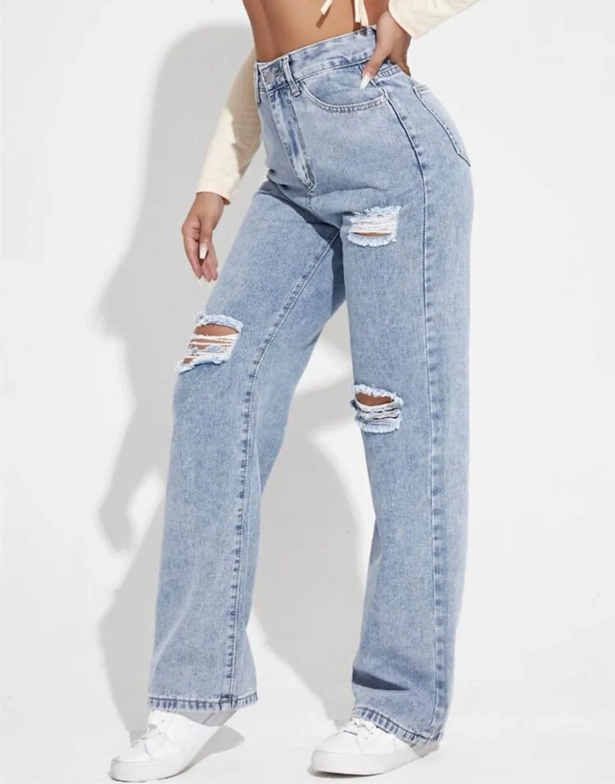 High waist ripped frayed straight leg jeans