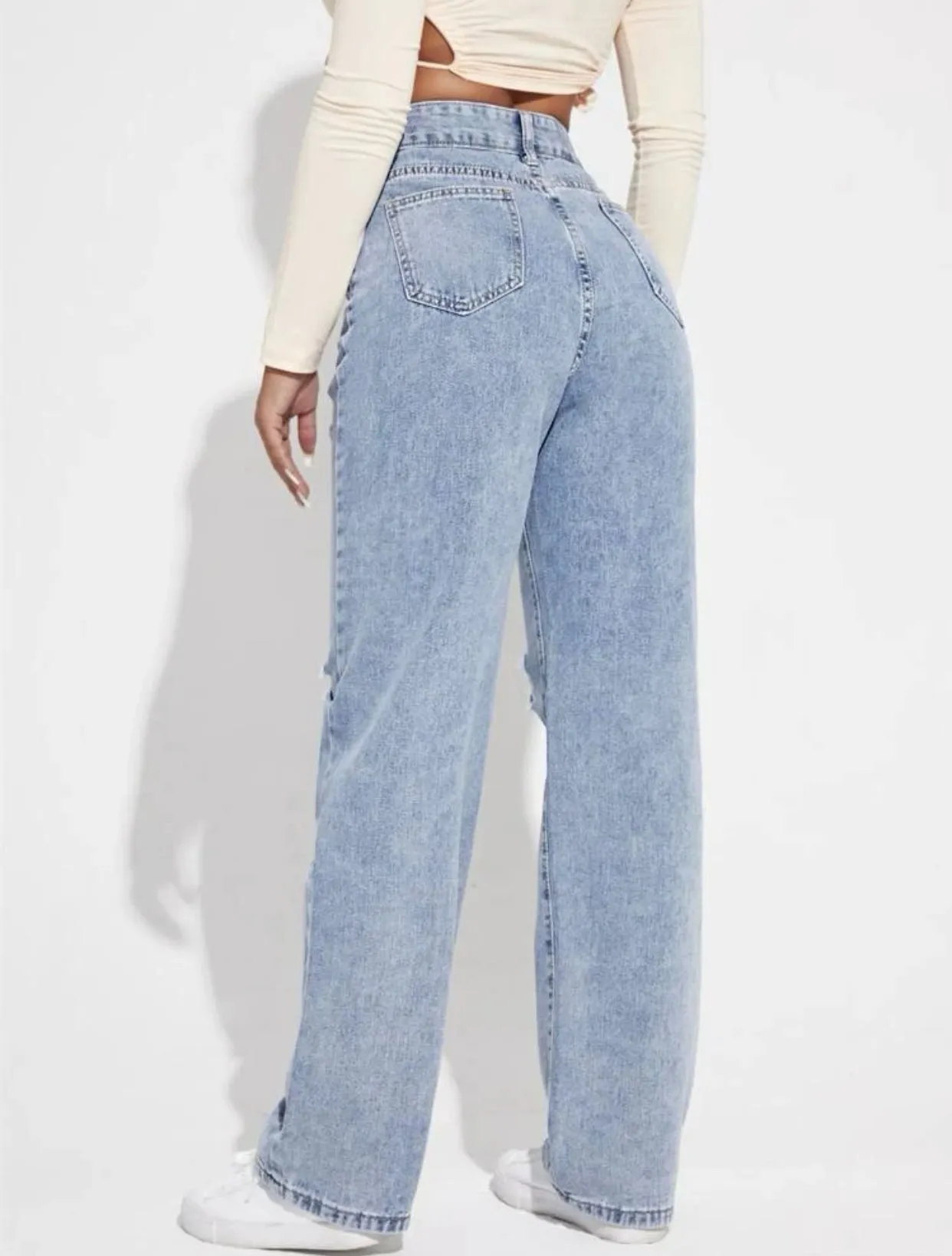 High waist ripped frayed straight leg jeans