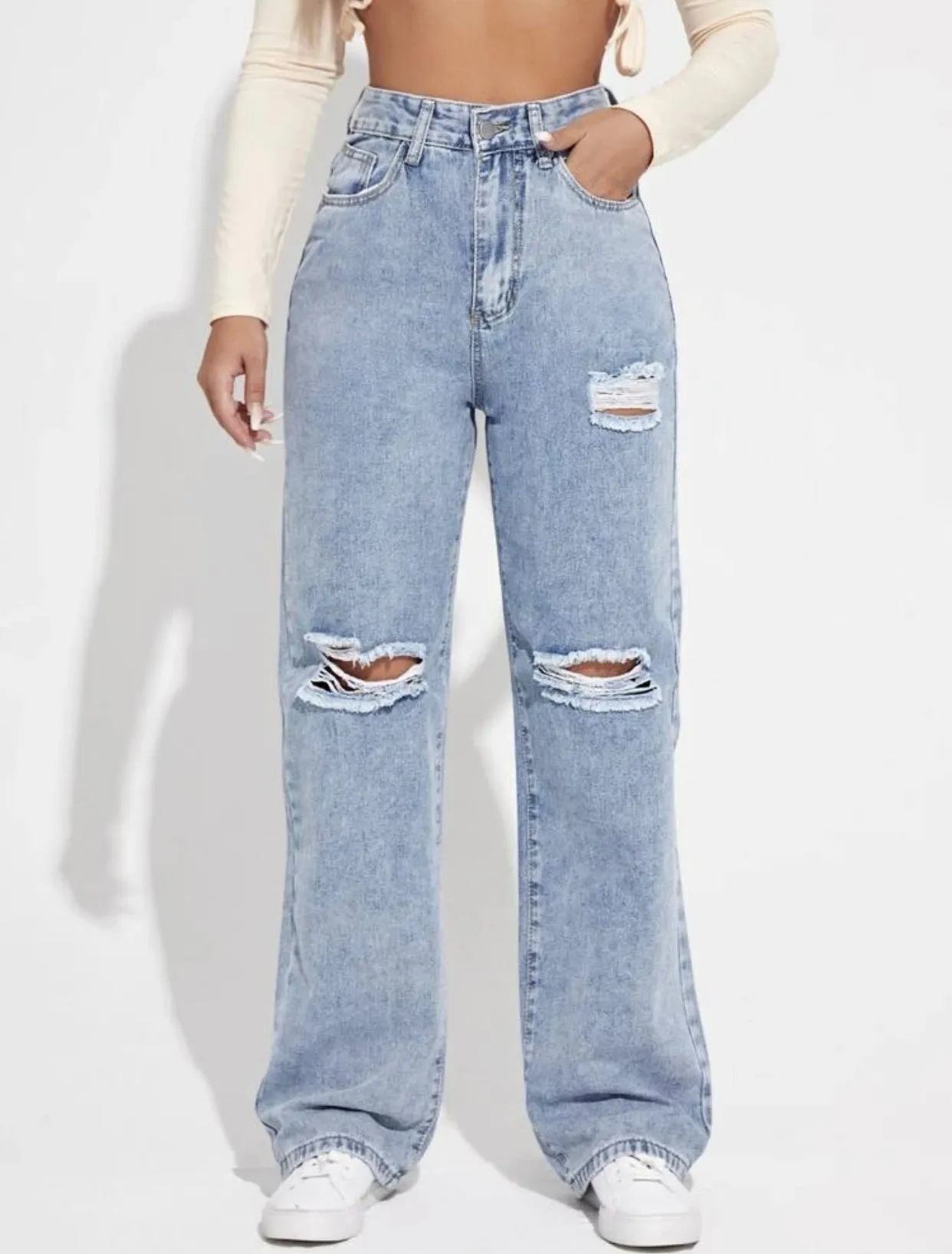 High waist ripped frayed straight leg jeans