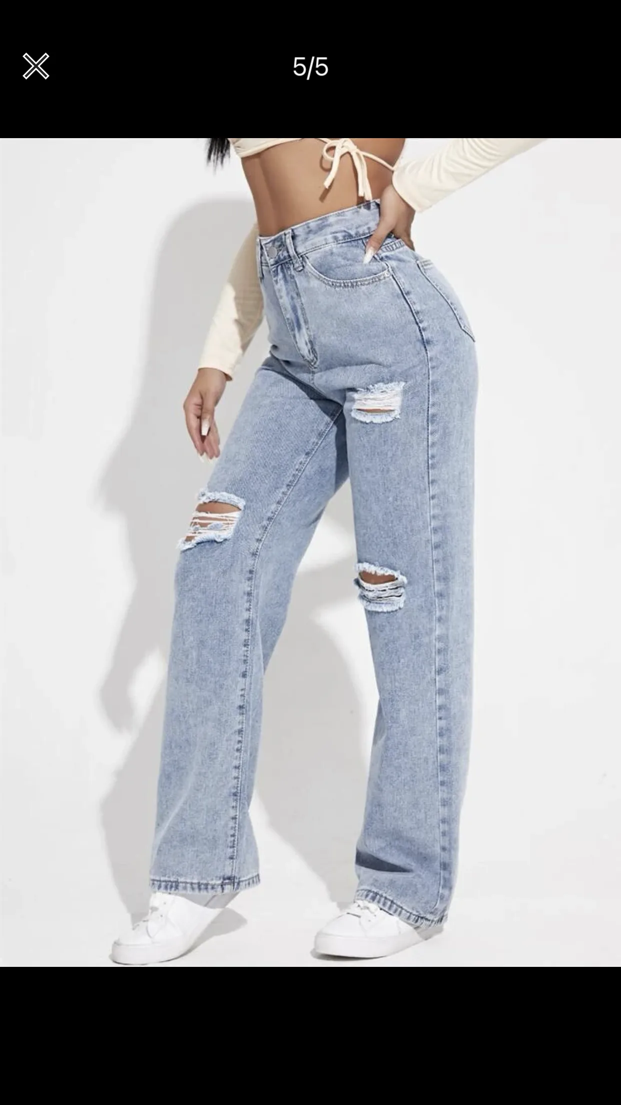 High waist ripped frayed straight leg jeans