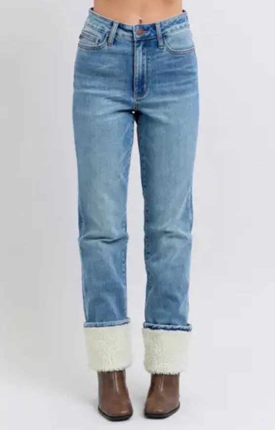 High Waisted Shearling Cuff Straight Jeans