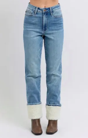 High Waisted Shearling Cuff Straight Jeans