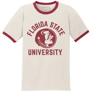 Homefield Men's Vault Florida State University Seminole Logo Short Sleeve Ringer T-shirt - Cream/Cardinal