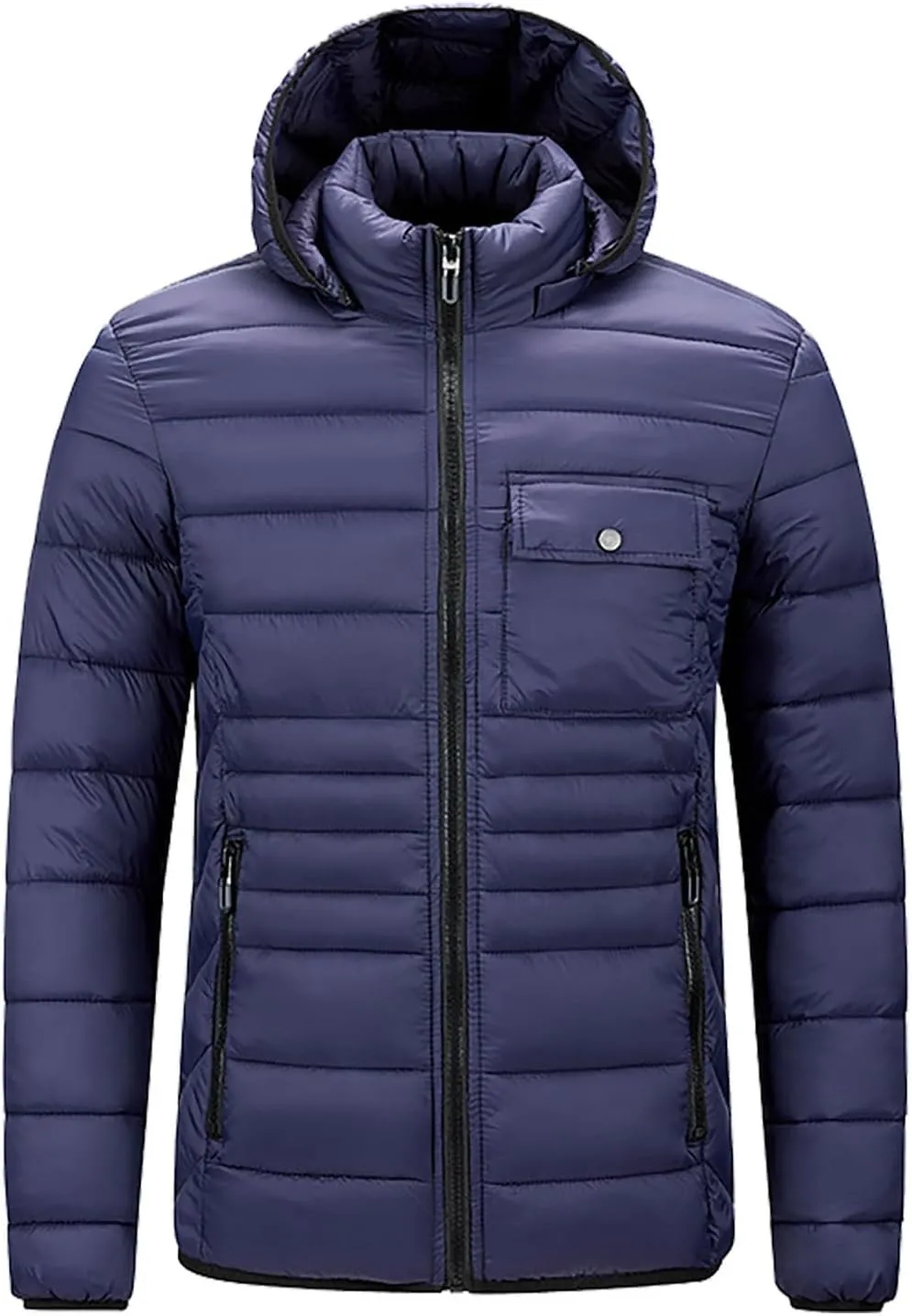 Hooded Winter Puffer Jackets for Men Lightweight Zipper Coat Warm Plus Size Down Quilted Jacket with Detachable Hood