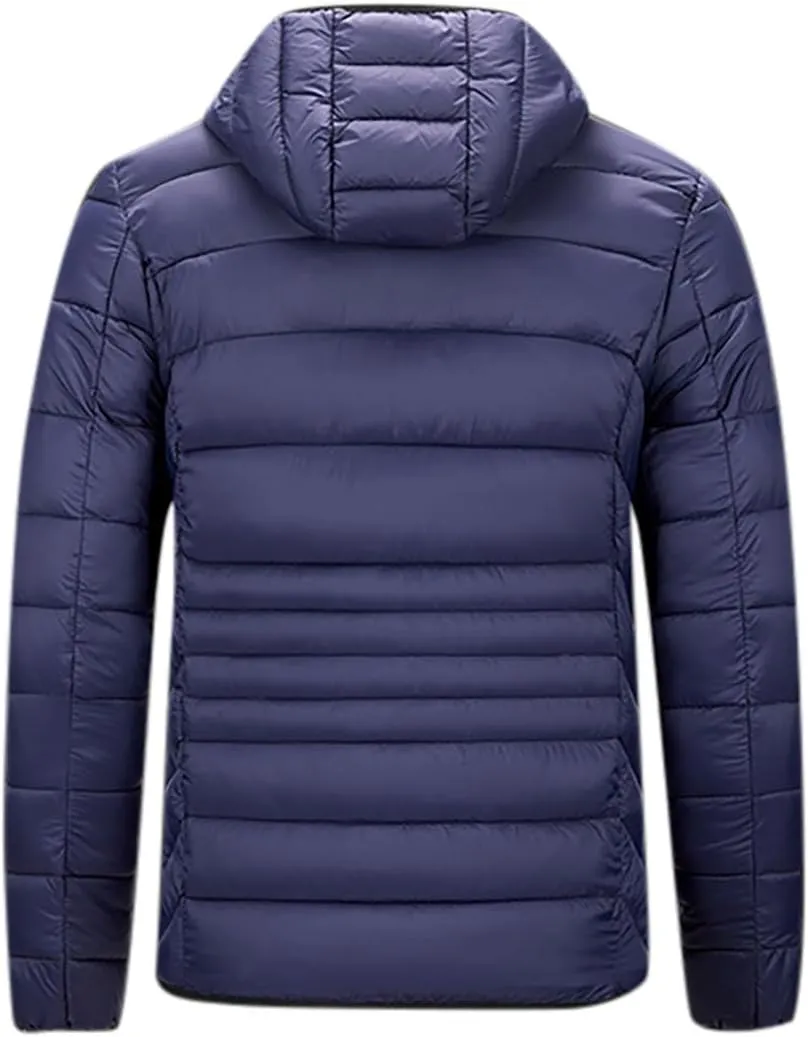 Hooded Winter Puffer Jackets for Men Lightweight Zipper Coat Warm Plus Size Down Quilted Jacket with Detachable Hood