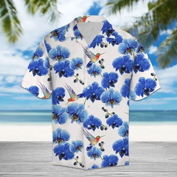 Hummingbird Sucking Blue Orchid In White Hawaiian Shirt