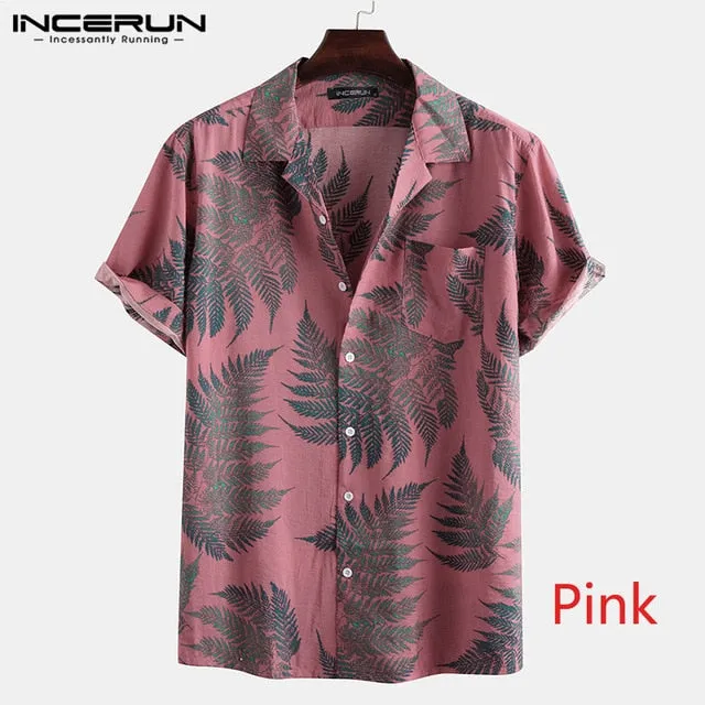 INCERUN Men Short Sleeve Lapel Printed Shirt Tropical Leaf Pattern Floral Shirt Casual Summer Hawaiian Holiday Camisa Tops S-5XL