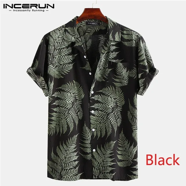 INCERUN Men Short Sleeve Lapel Printed Shirt Tropical Leaf Pattern Floral Shirt Casual Summer Hawaiian Holiday Camisa Tops S-5XL