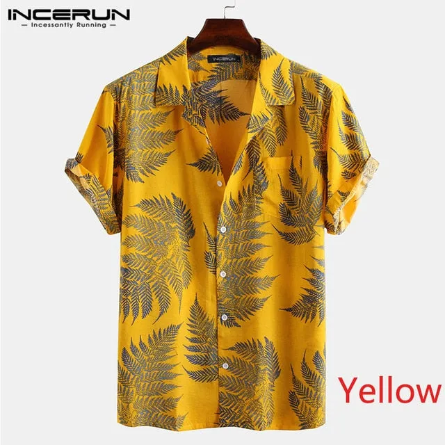 INCERUN Men Short Sleeve Lapel Printed Shirt Tropical Leaf Pattern Floral Shirt Casual Summer Hawaiian Holiday Camisa Tops S-5XL