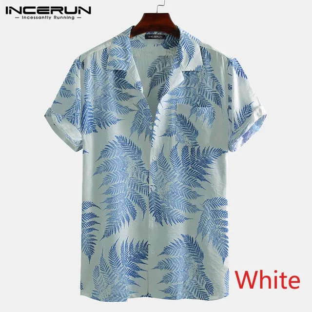 INCERUN Men Short Sleeve Lapel Printed Shirt Tropical Leaf Pattern Floral Shirt Casual Summer Hawaiian Holiday Camisa Tops S-5XL