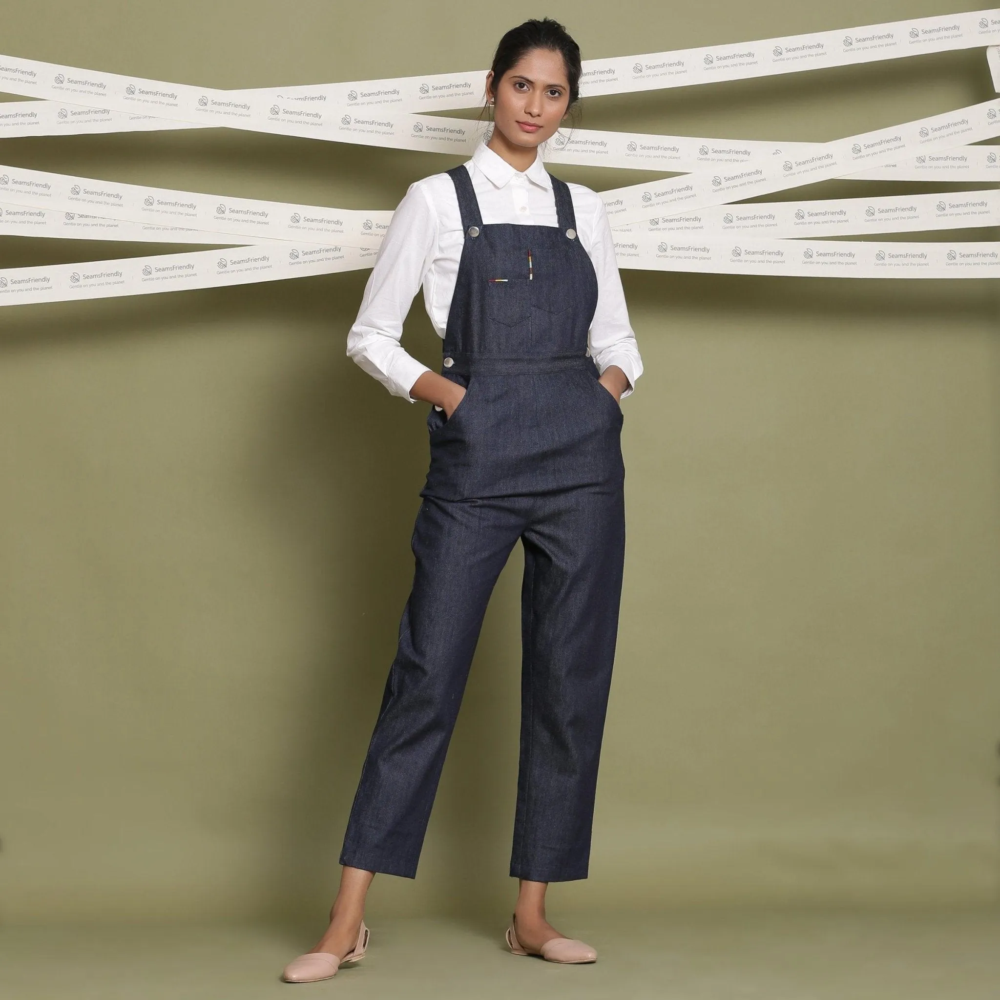 Indigo 100% Cotton Denim Strap Sleeve Dungaree