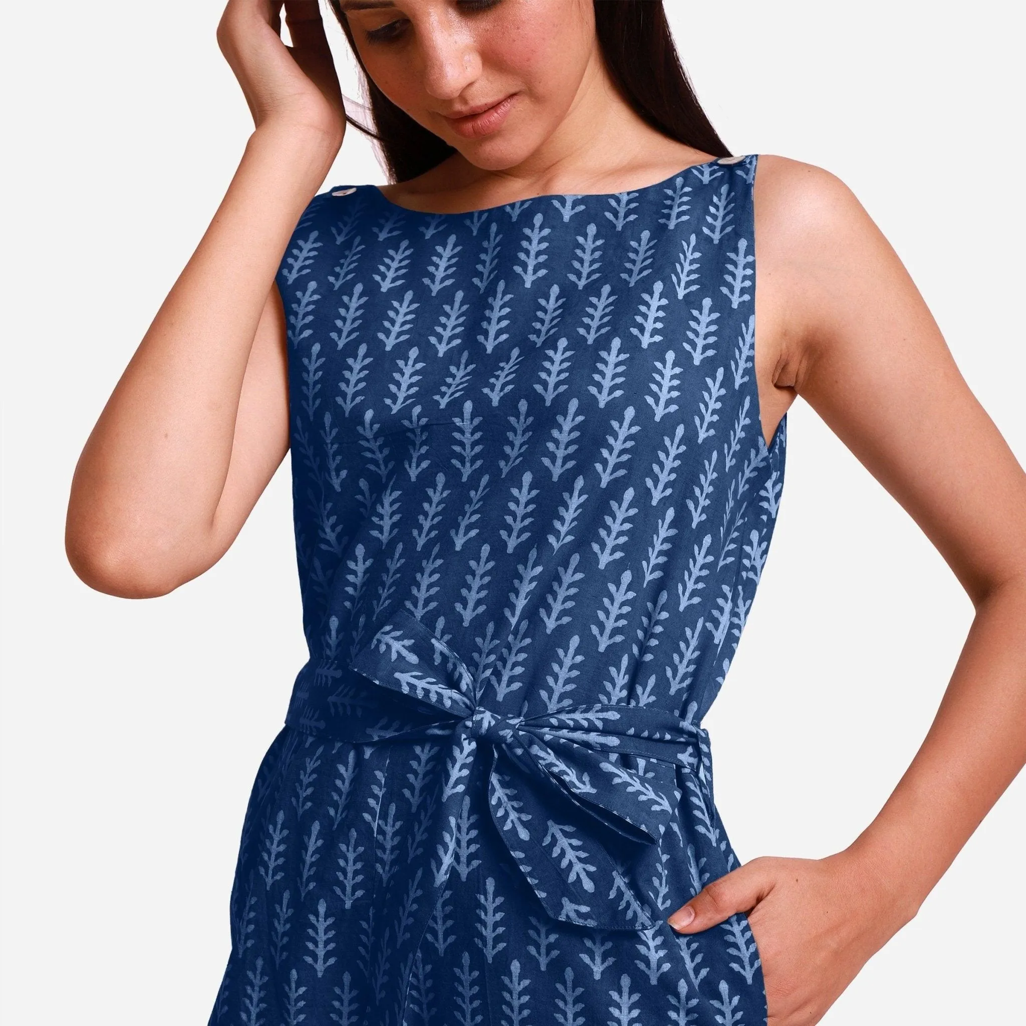 Indigo Dabu Block Print Ankle Length Cotton Jumpsuit