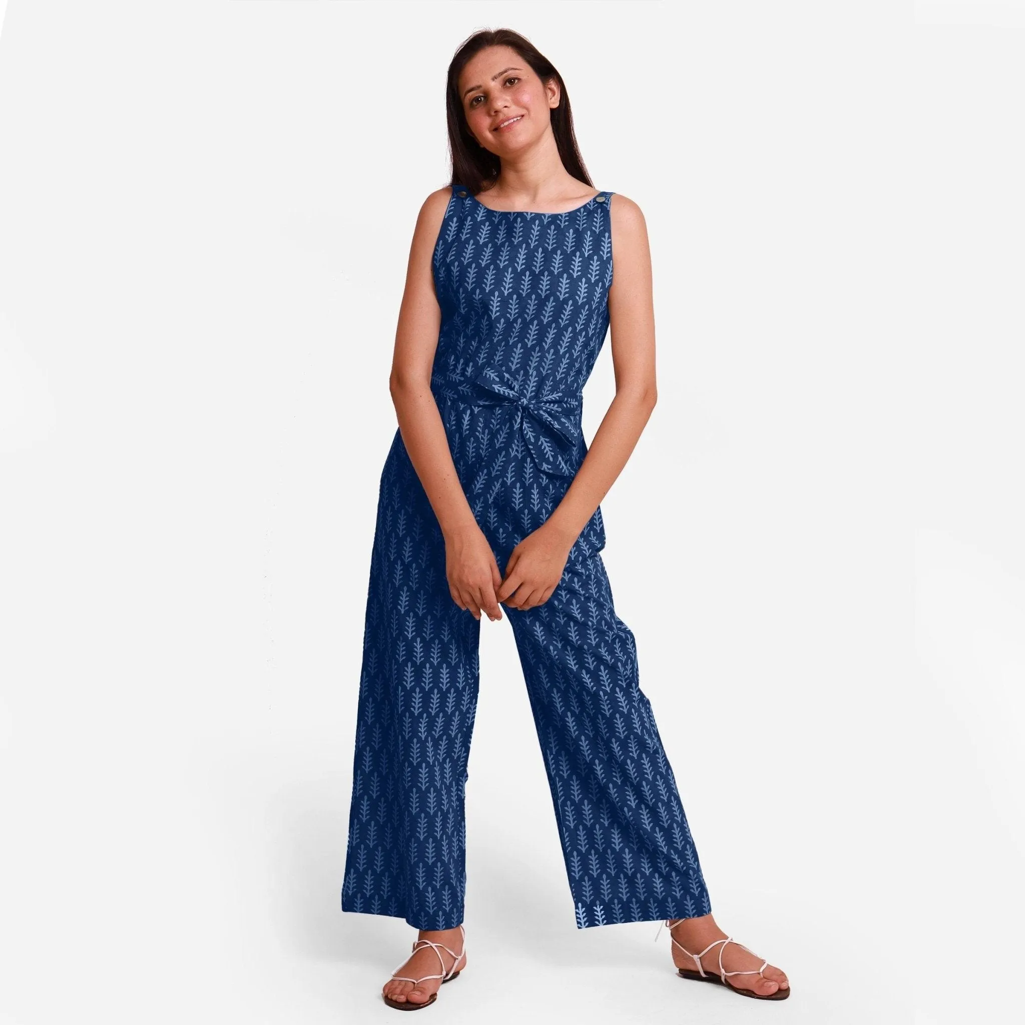 Indigo Dabu Block Print Ankle Length Cotton Jumpsuit
