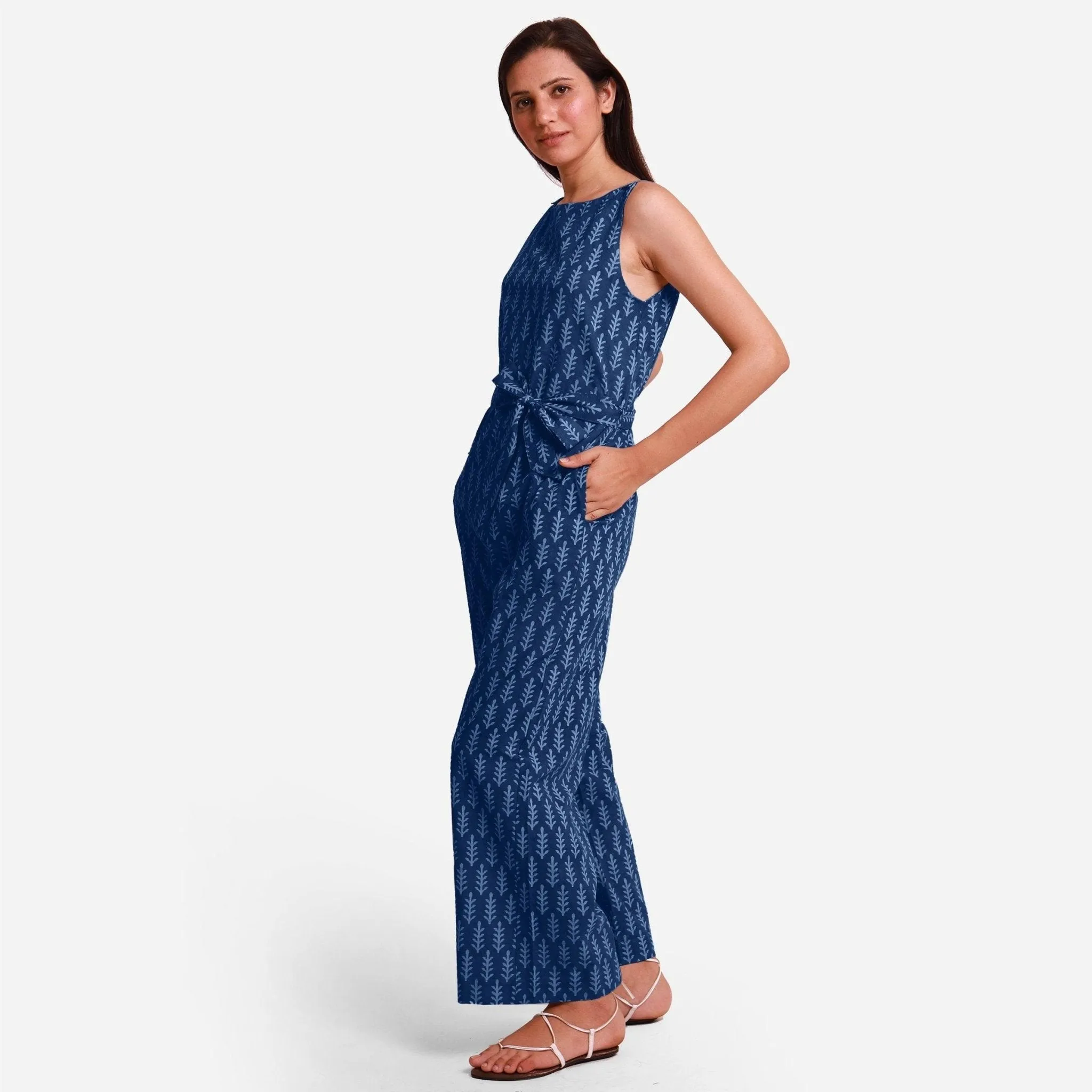 Indigo Dabu Block Print Ankle Length Cotton Jumpsuit