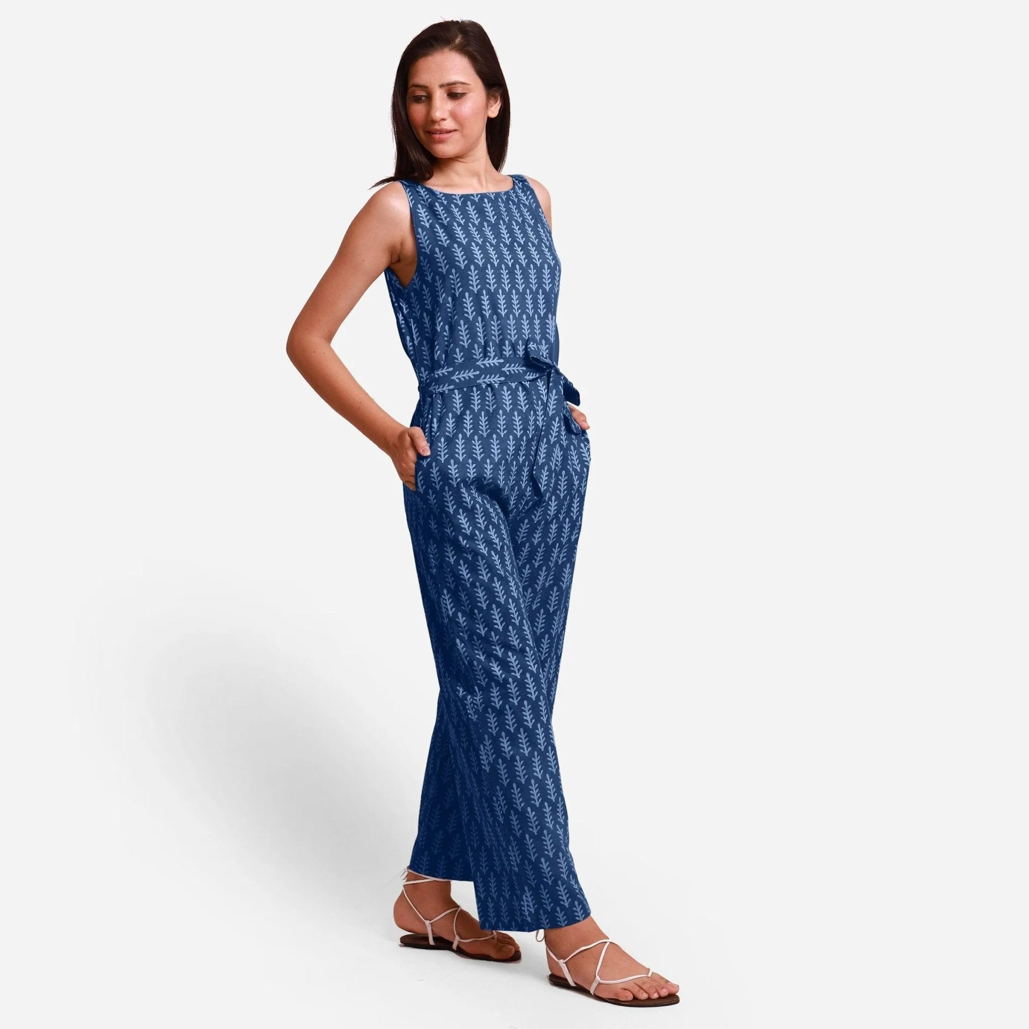 Indigo Dabu Block Print Ankle Length Cotton Jumpsuit
