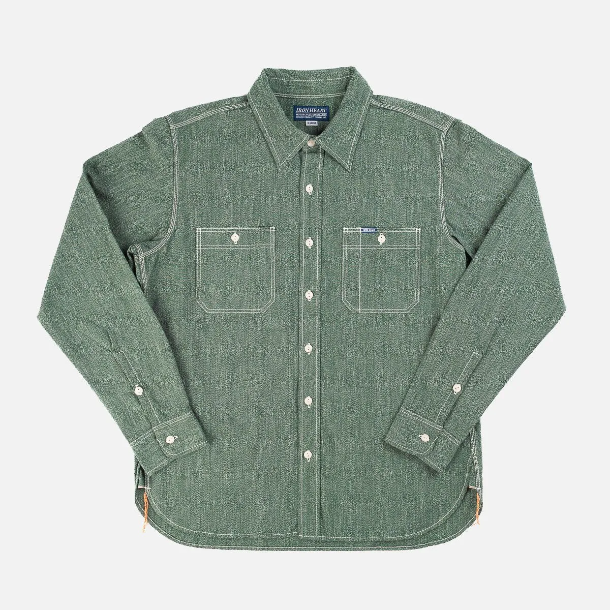 Iron Heart IH-290 Moc Twist Selvedge Chambray Work Shirt Green Salt and Jalapeno