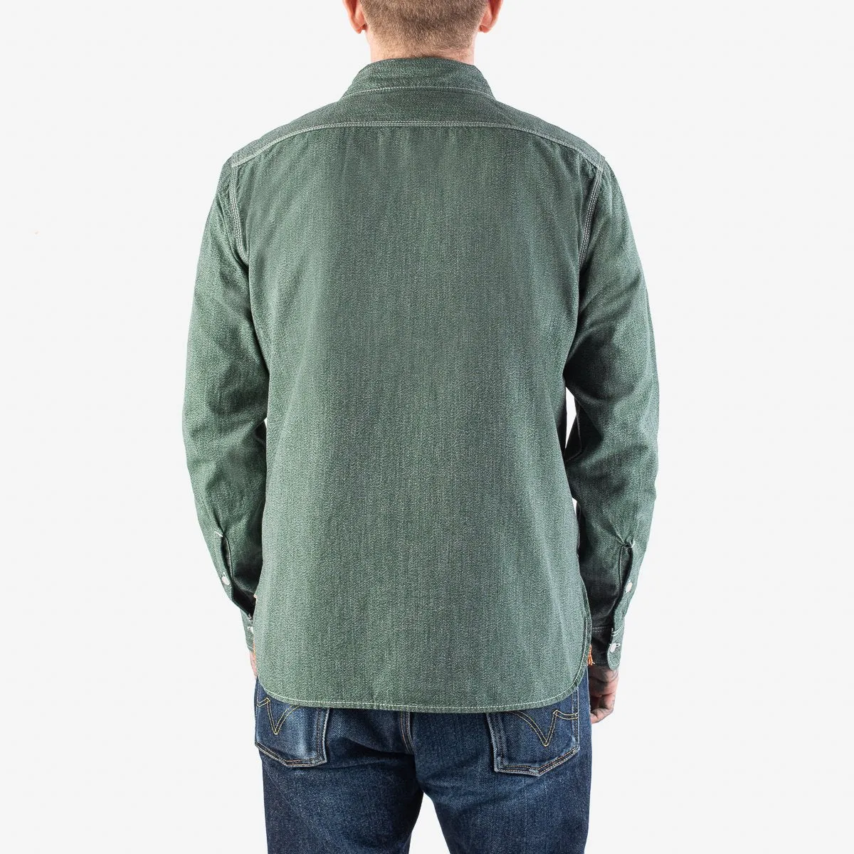 Iron Heart IH-290 Moc Twist Selvedge Chambray Work Shirt Green Salt and Jalapeno