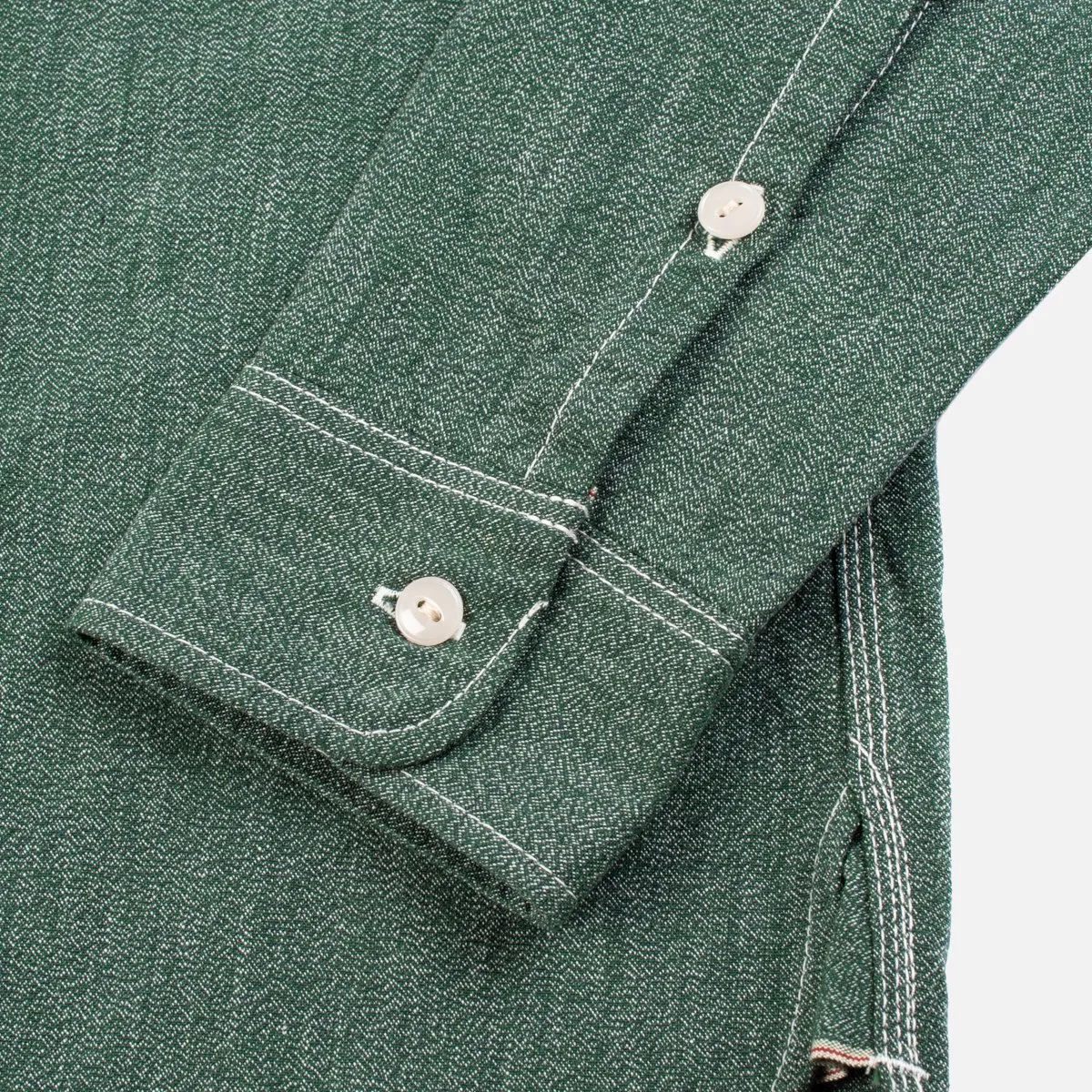 Iron Heart IH-290 Moc Twist Selvedge Chambray Work Shirt Green Salt and Jalapeno
