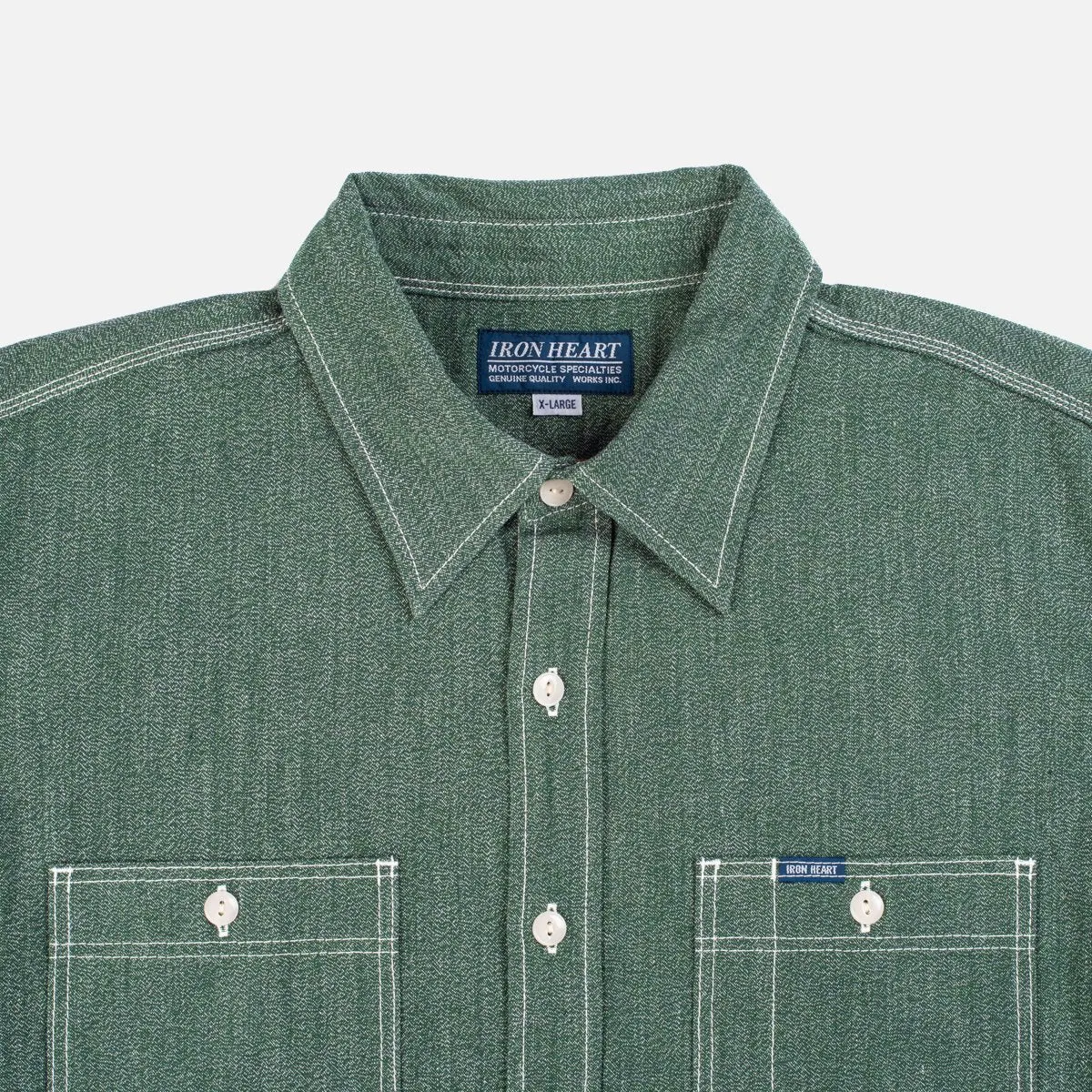 Iron Heart IH-290 Moc Twist Selvedge Chambray Work Shirt Green Salt and Jalapeno