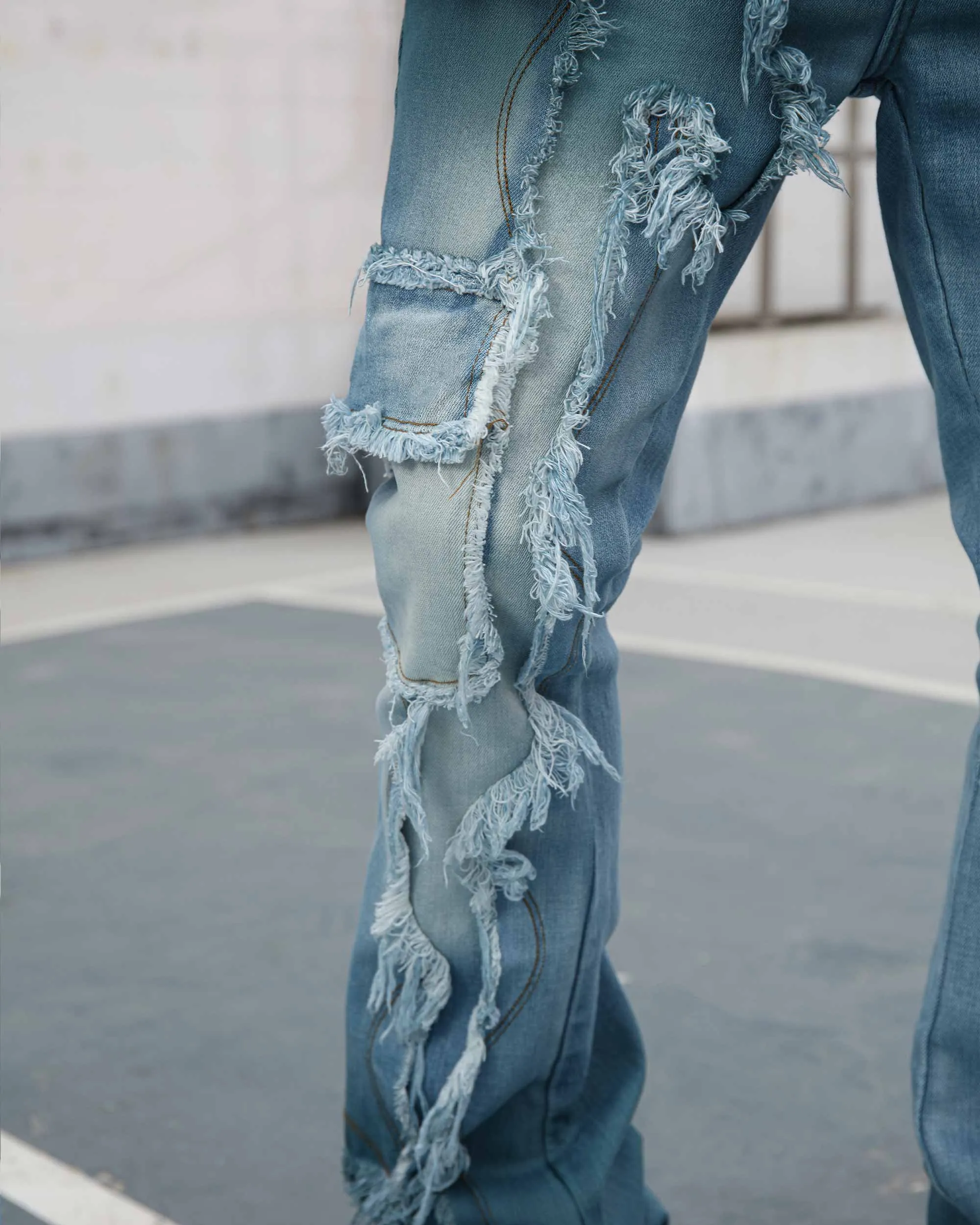 Irregular Blue Stacked Jeans with Fringe
