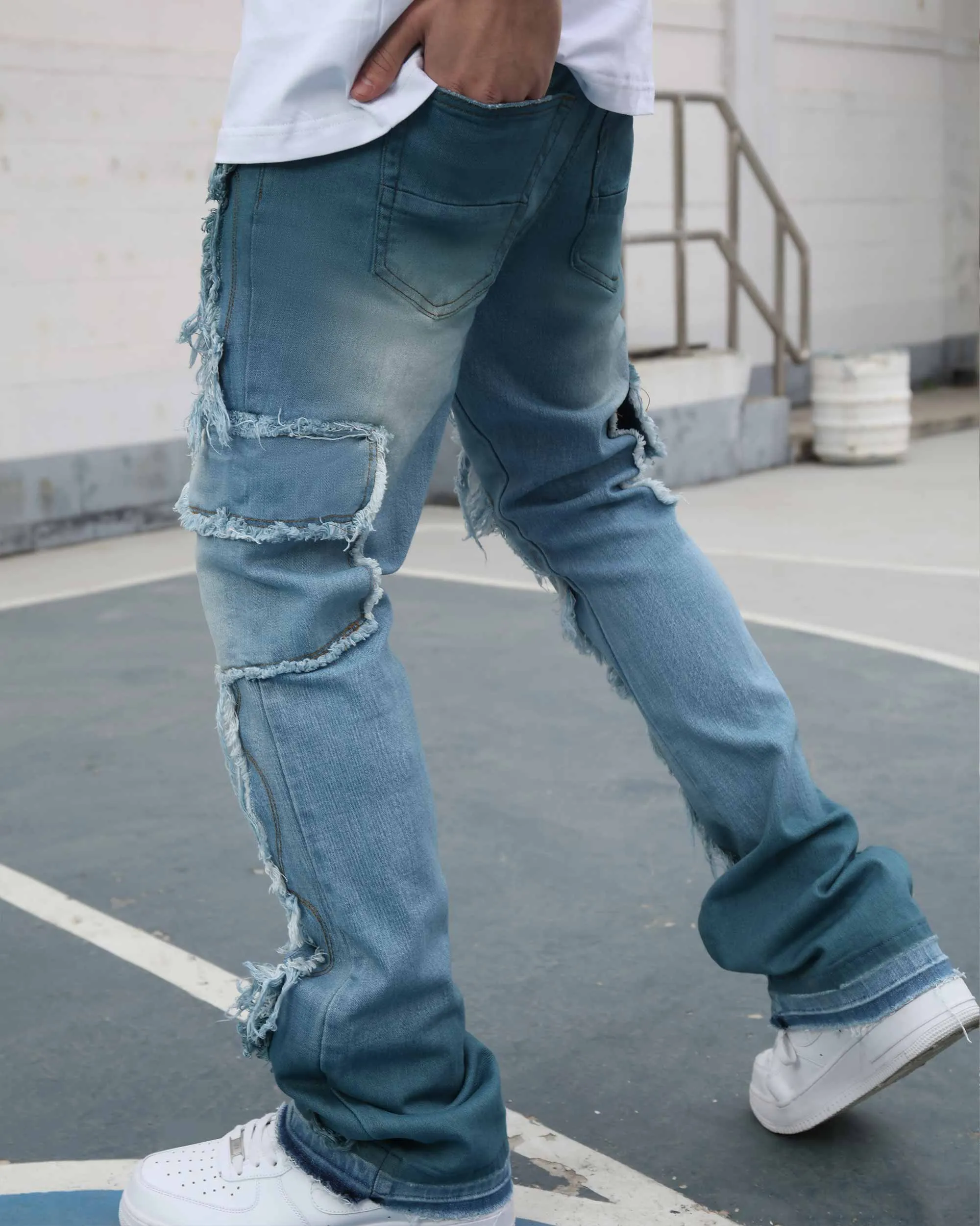 Irregular Blue Stacked Jeans with Fringe