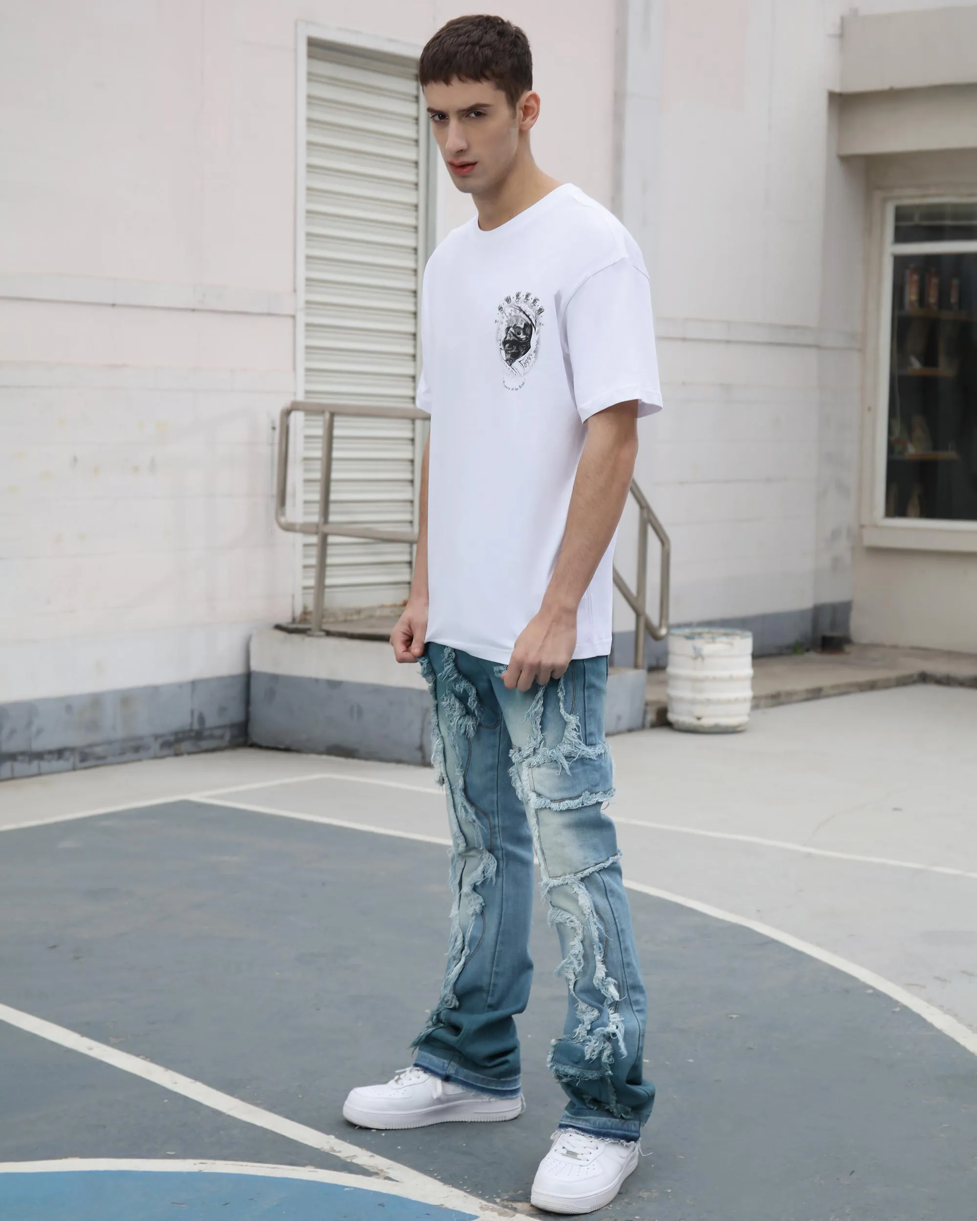 Irregular Blue Stacked Jeans with Fringe