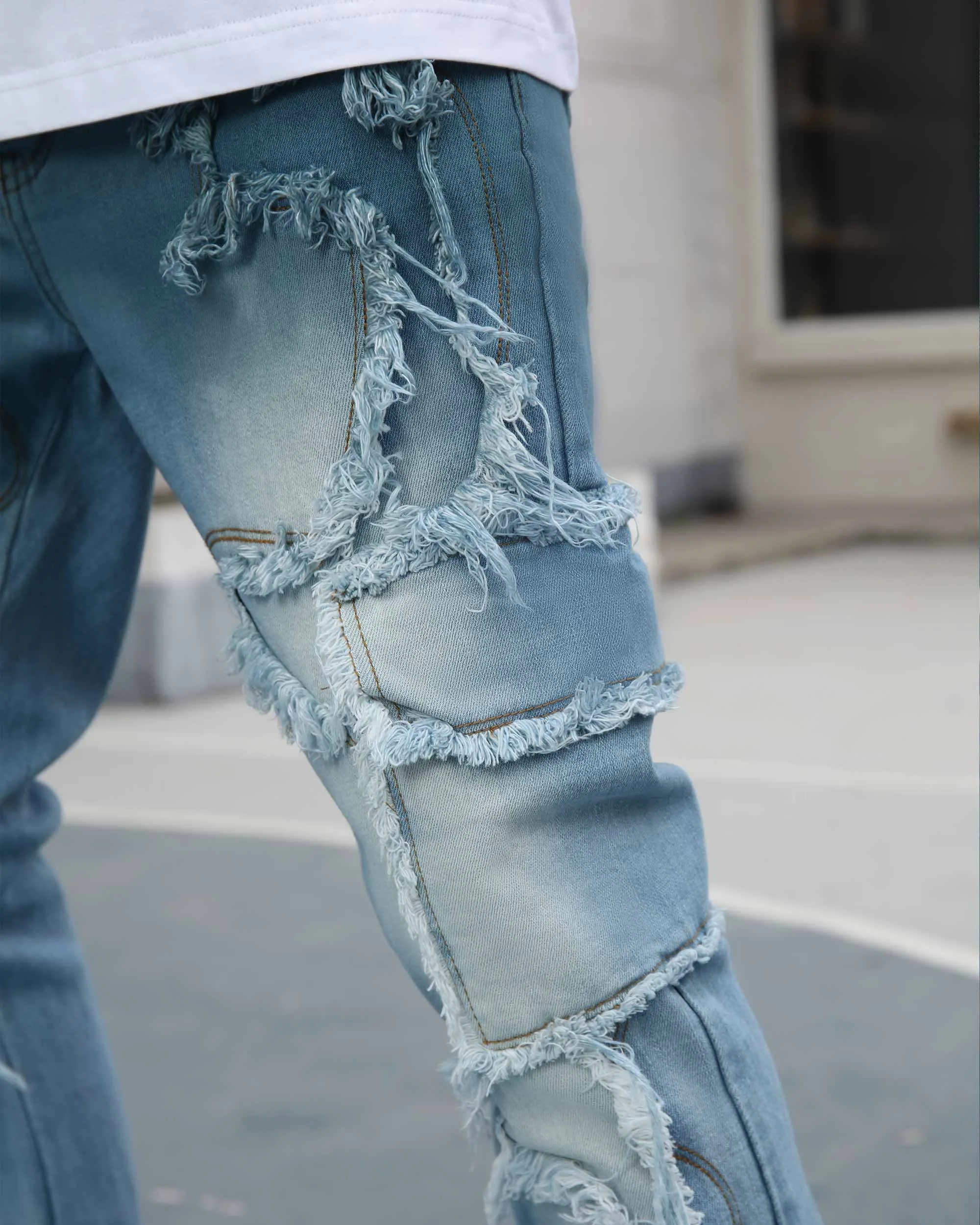 Irregular Blue Stacked Jeans with Fringe