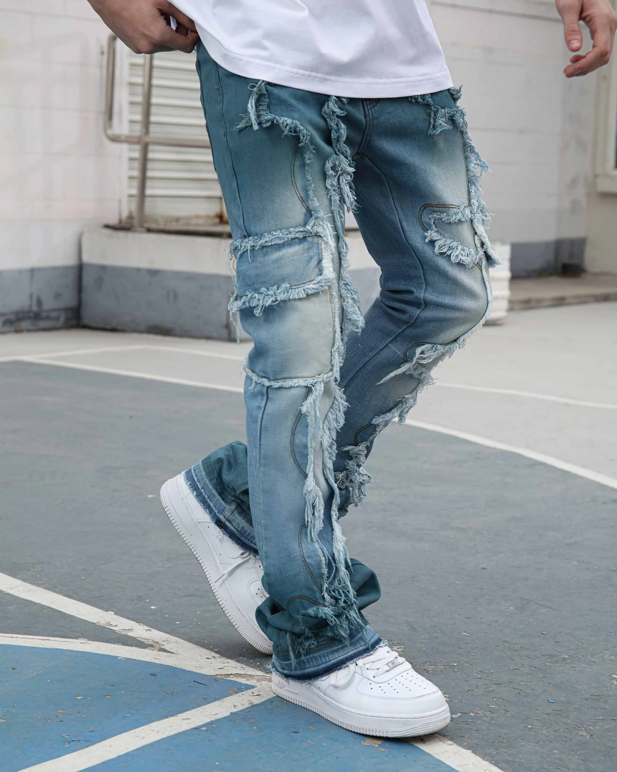 Irregular Blue Stacked Jeans with Fringe