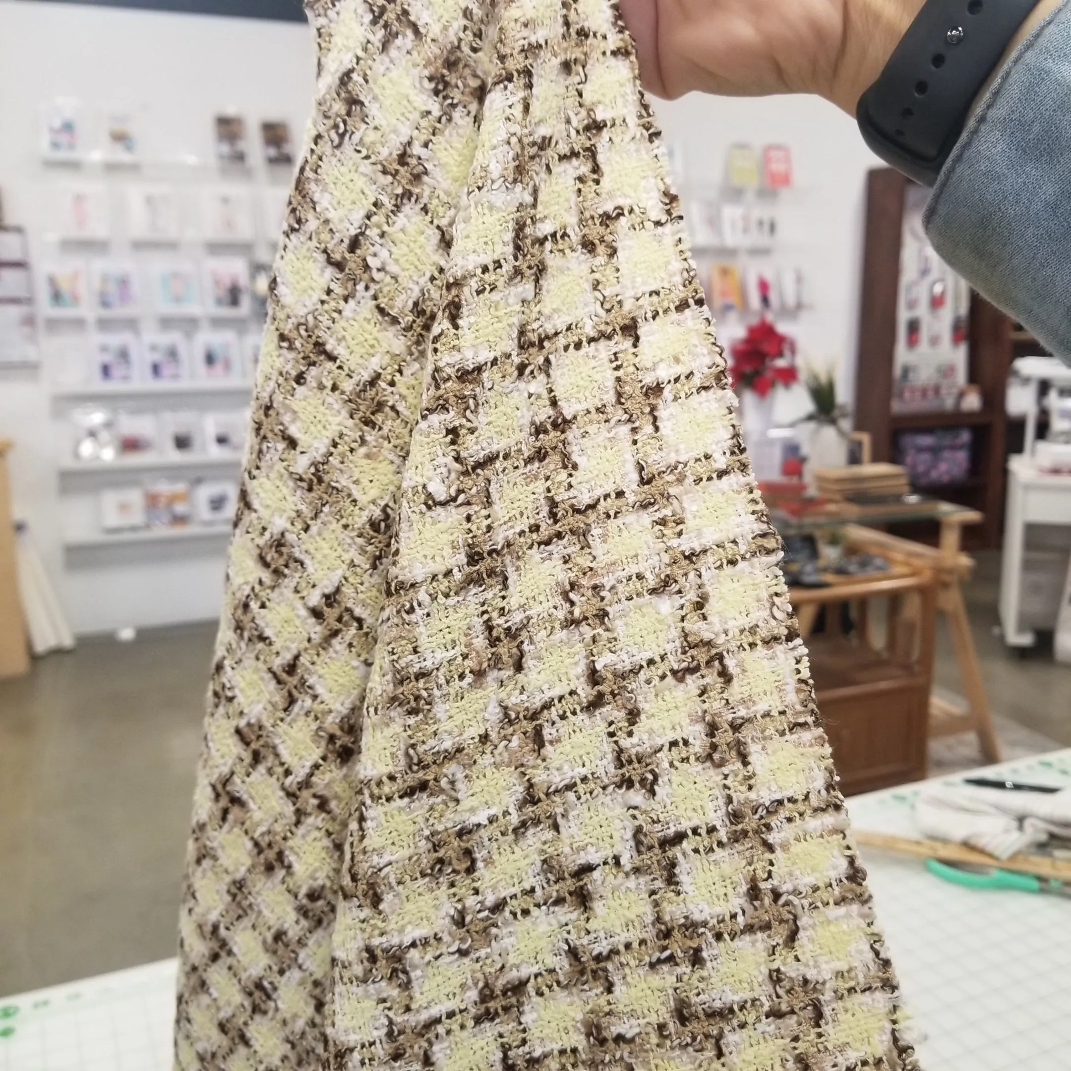 Italian Designer Deadstock Famous Maker Couture Wool Blend Banana Yellow Spring Check Tweed Fabric- by the yard