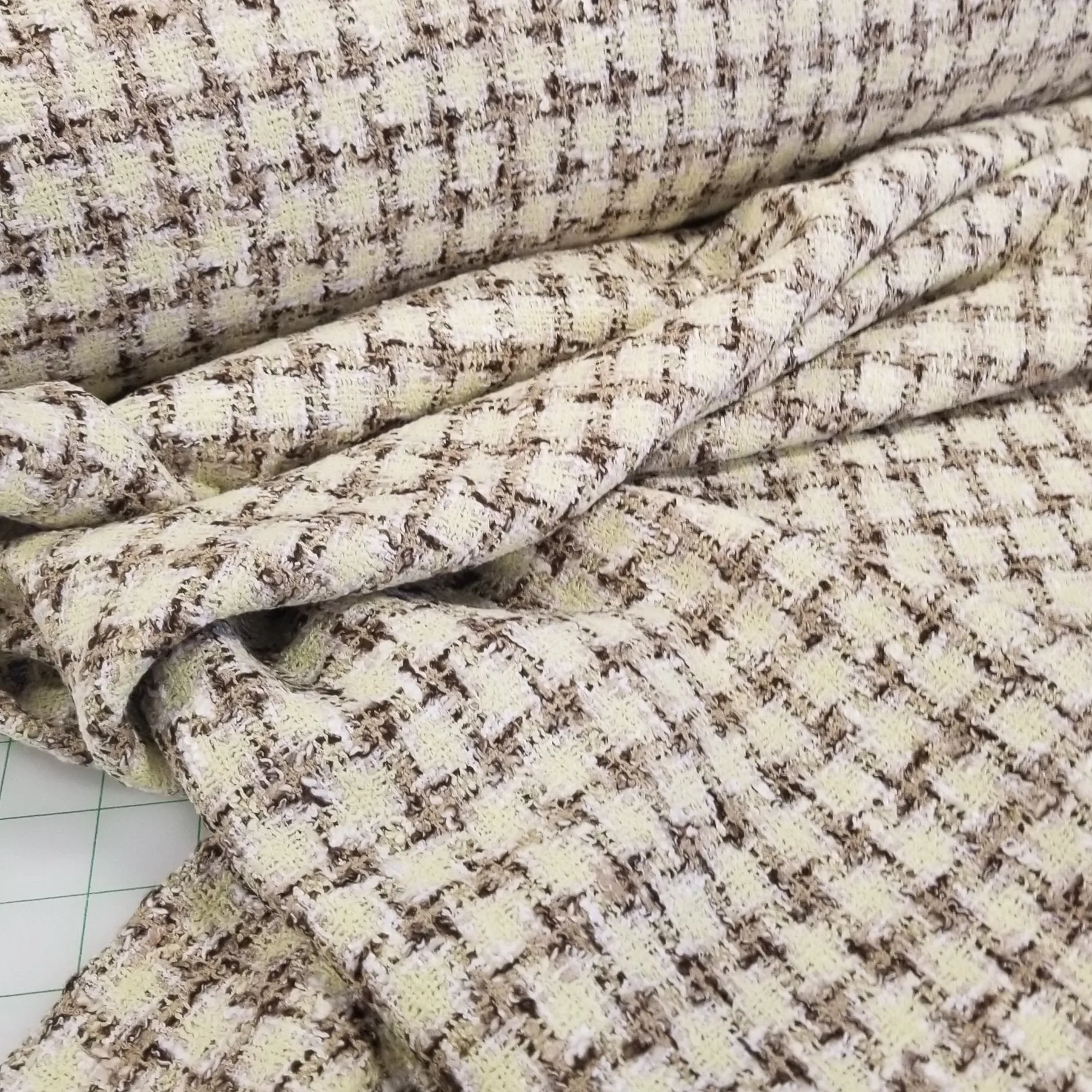 Italian Designer Deadstock Famous Maker Couture Wool Blend Banana Yellow Spring Check Tweed Fabric- by the yard