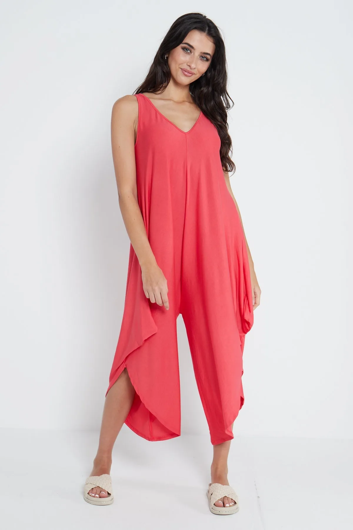 Italian Sleeveless Plain Jersey Jumpsuit