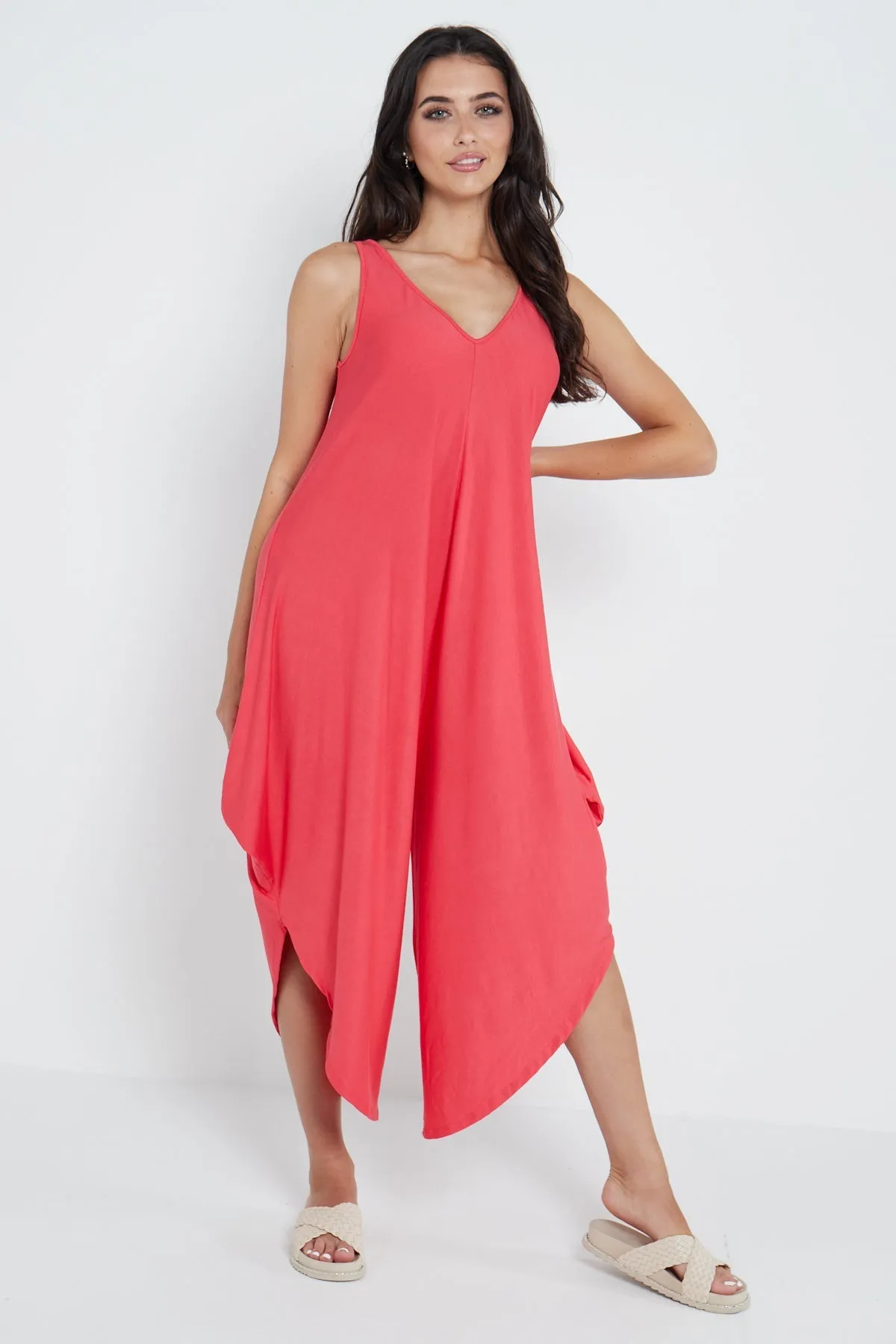 Italian Sleeveless Plain Jersey Jumpsuit