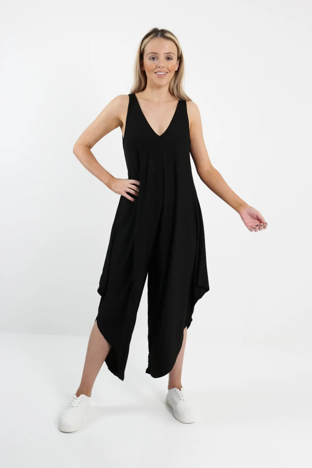 Italian Sleeveless Plain Jersey Jumpsuit