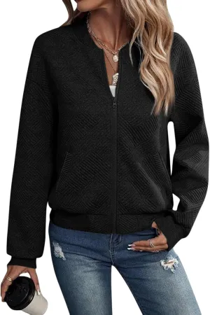 Jackets for Women Lightweight Zip Up Bomber Jacket Long Sleeve Varsity Quilted Sweatshirts Cropped Fall Coats 2024