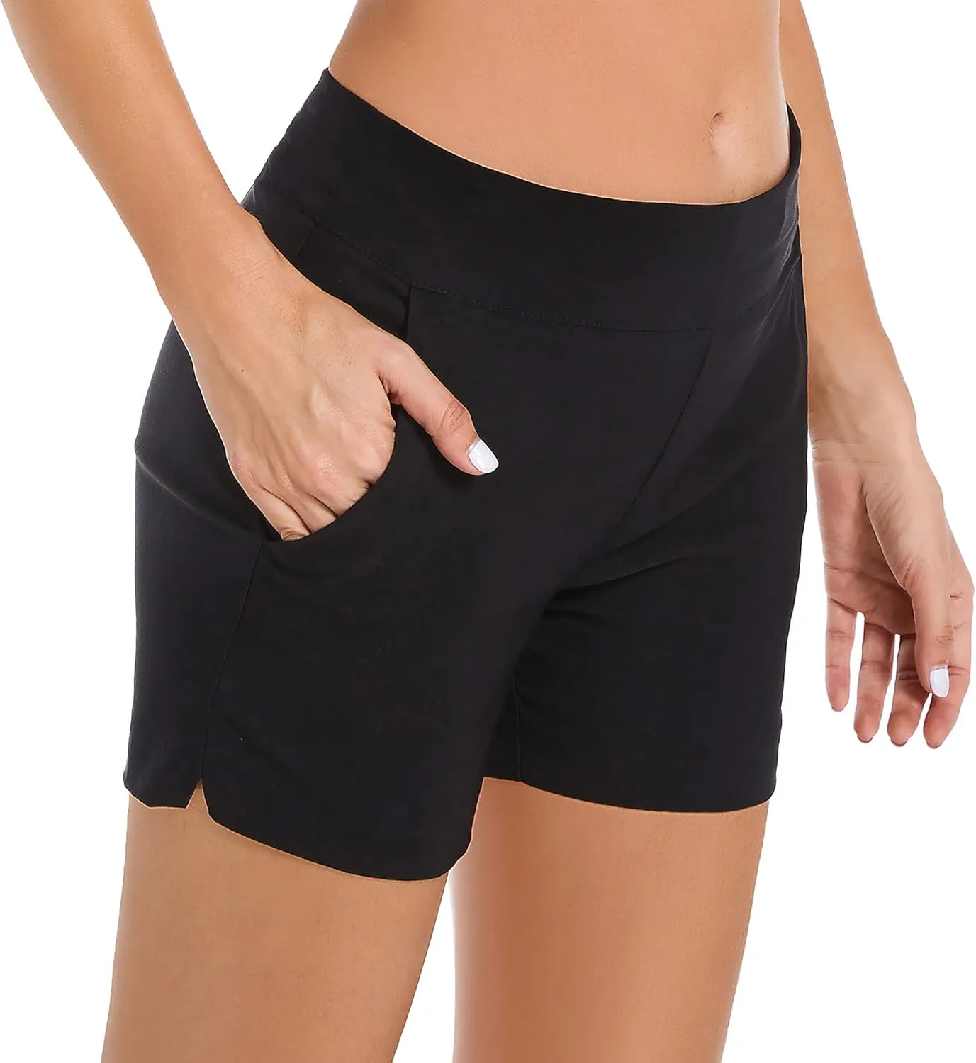 JAMfit Women's Chino Shorts - 4" Inseam, High Waisted, Elastic, Summer Casual Shorts with 2 Front Pockets