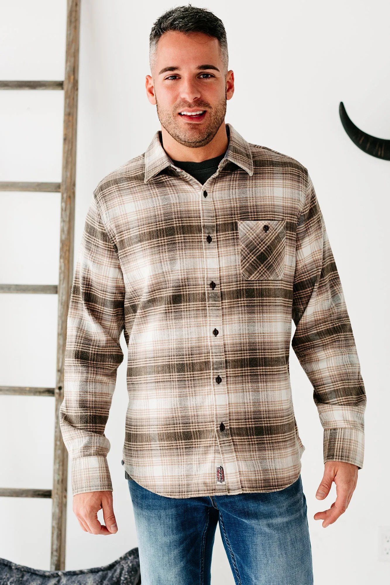 Jayden Brushed Flannel Top (Brown/Cream)