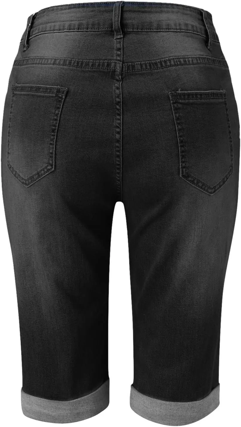 Jean Shorts Womens Stretchy High Waisted Ripped Denim Shorts Casual Trendy Distressed Cut Off Shorts Bermuda Biker Shorts