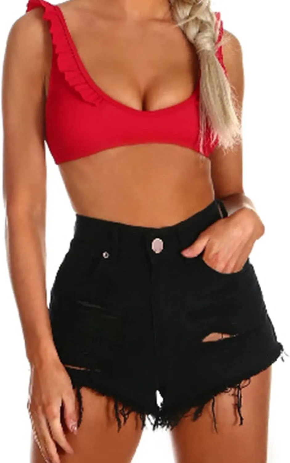 JEKE-DG Womens Ripped Denim Shorts High Waisted Raw Hem Distressed Denim Jeans Casual Sexy Denim Cutoff Shorts