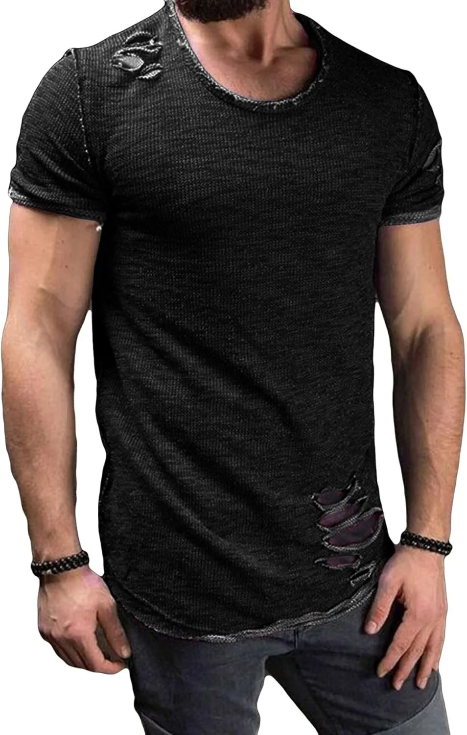 JEsilunmaMY Men's Casual Distressed Ripped T-Shirts Short Sleeve Crewneck Hip Hop Hole Tees Solid Color Workout Gym Shirts
