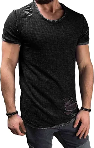 JEsilunmaMY Men's Casual Distressed Ripped T-Shirts Short Sleeve Crewneck Hip Hop Hole Tees Solid Color Workout Gym Shirts